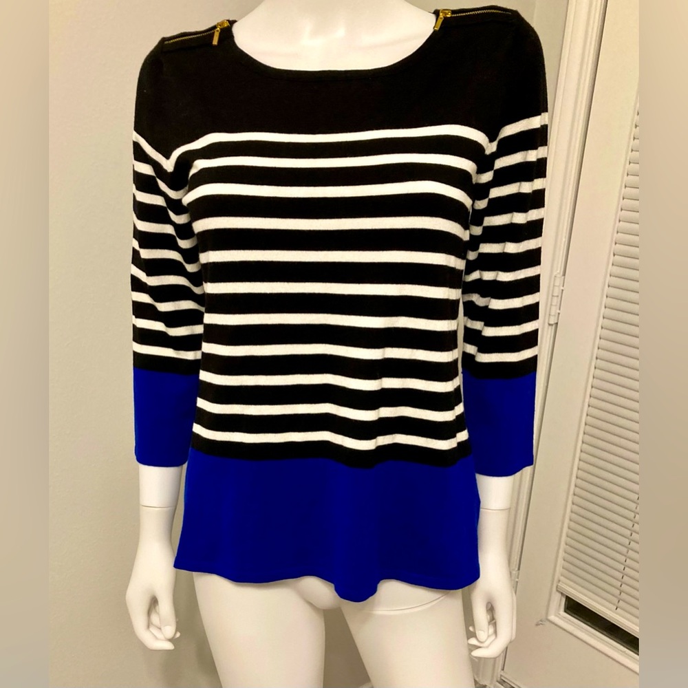 New Cable & Gauge Women's Short O-Neck 3/4 Sleeve Striped Sweater SZ - M